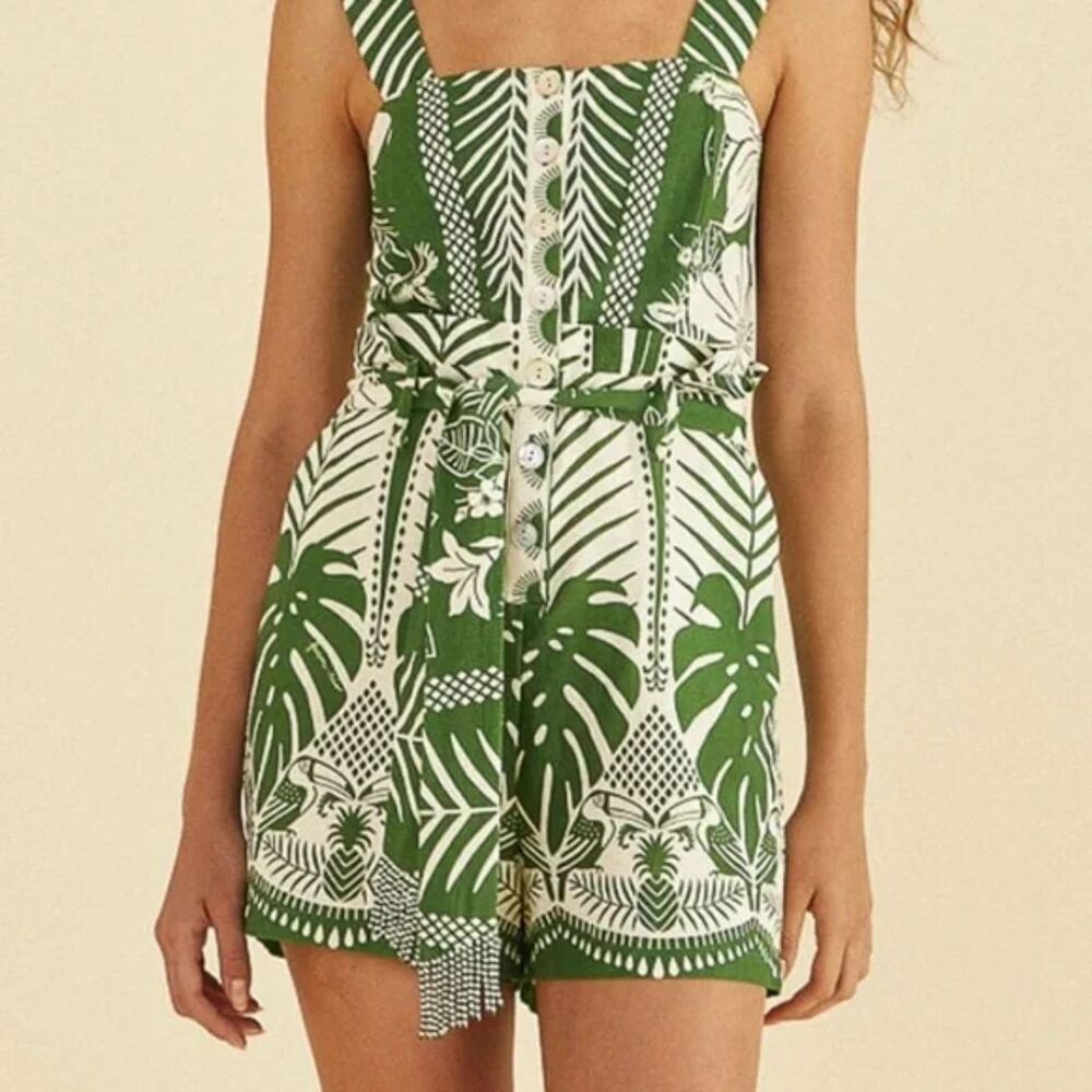 Farm Rio Romper Off-White Macaw Elegance Romper Green & White Romper NWT NEW